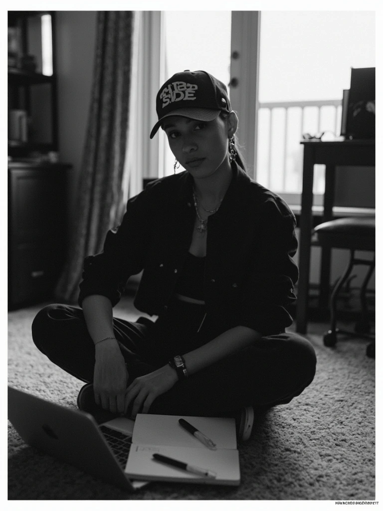A rapper works from her apartment floor, notebook open beside a laptop.