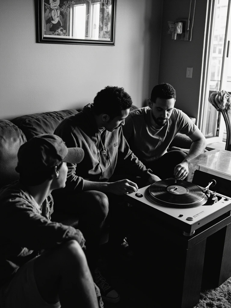 Three friends gather around a turntable to listen to a new vinyl release.