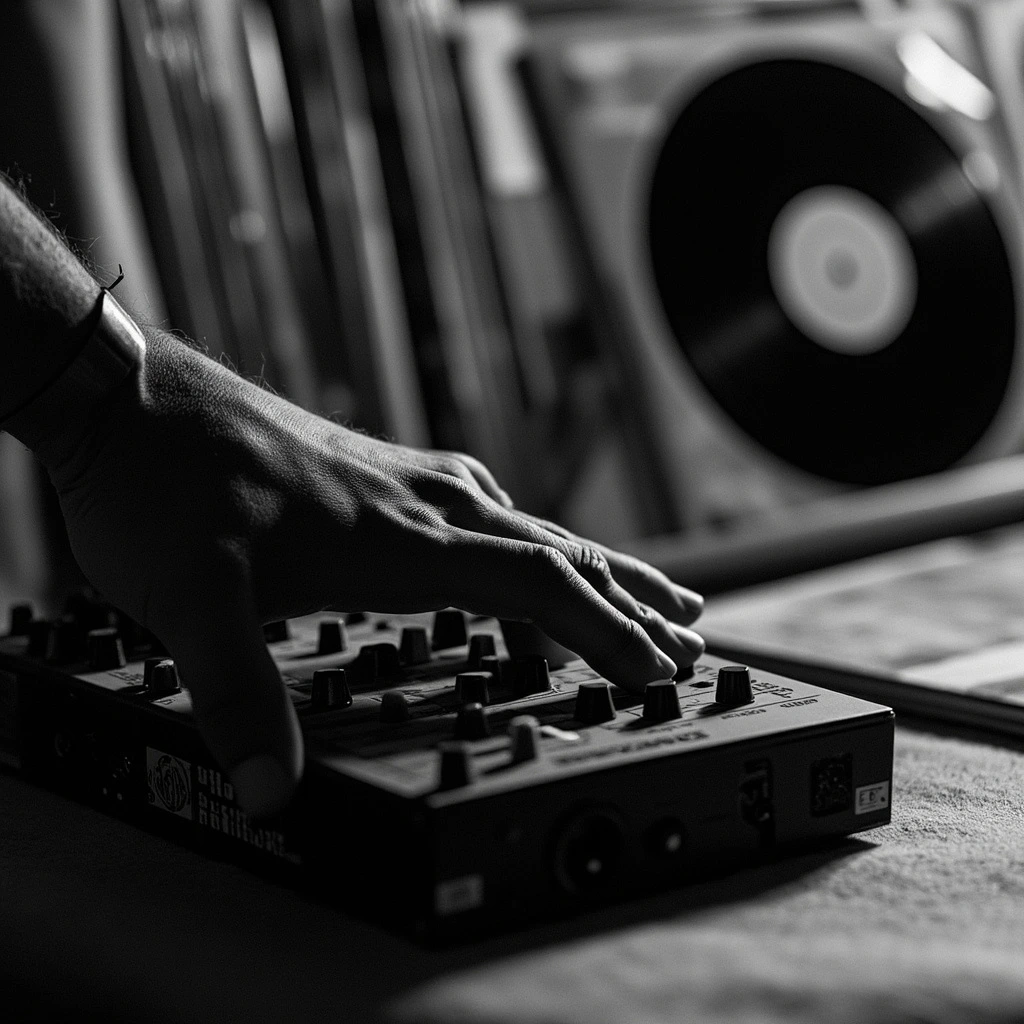 Hands working a drum machine at night